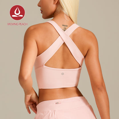 MOVING PEACH Women Sports Tank Top Wide Shoulder Straps Cross-Back Yoga Top Breathable Soft Removable Bra Cups Gym Dance Daily wear BVX2