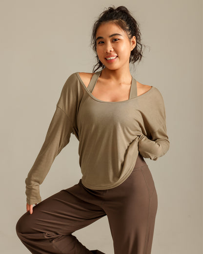 MOVING PEACH Women Yoga Longsleeve Relaxed-Fit Large U-neck Sweatshirt Pilates Dance Sports Daily wear ASO