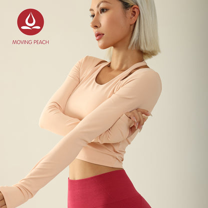 MOVING PEACH Women Halter Top Soft Yoga Sports Longsleeve Removable Cups Pilates Dance Crop Top With Thumbhole ASE