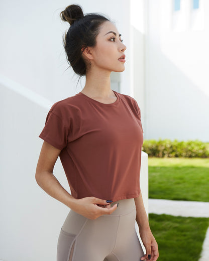 MOVING PEACH Women Fitness T-shirts Sexy Yoga Crop top Loose Quick dry Training Short sleeves BTQ