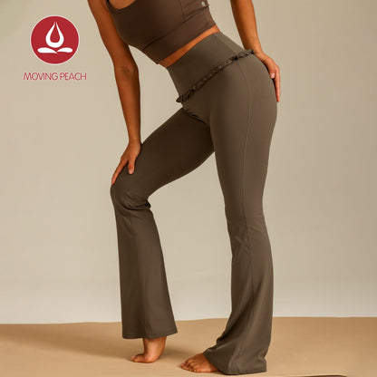 MOVING PEACH Women Flared Pants High-rise Hip-lifting Bell-bottoms with Lace Detail Comfort Yoga Pilates Dance Daily wear ALB
