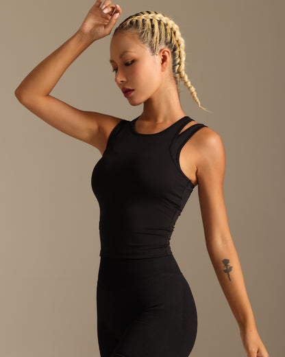 MOVING PEACH Sports Tank Top High Neck 2-in-1 Illusion Soft Pilates Yoga Top Body-skimming Fit Shockproof Removable Bra Cups Running Dance Gym Daily Wear AVD