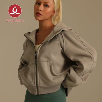 MOVING PEACH Coat for Women Oversized Full-Zip Hoodie Warm Brushed Outdoor Sports Cropped Jacket with Wind-proof Hood BSHL