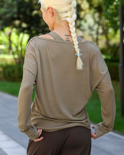 MOVING PEACH Women Yoga Longsleeve Relaxed-Fit Large U-neck Sweatshirt Pilates Dance Sports Daily wear ASO