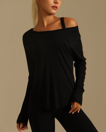 MOVING PEACH Women Sweatshirt Relaxed-Fit Boatneck Yoga Gym Long-Sleeve Shirt Breathable Sweat-wicking Side slits Top Running Dance Daily wear CSE