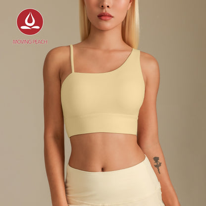 MOVING PEACH Women Sports Bra Asymmetrical strap detail Yoga Top Soft Fixed Bra Cups Crop Top Gym Dance Daily wear CBJ