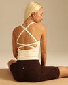 MOVING PEACH Women Sports Tank Top Cross Hollow Back Design Yoga Top Comfort Fixed Bra Cups Gym Pilates Dance Daily wear CVF