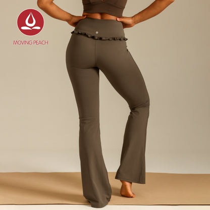 MOVING PEACH Women Flared Pants High-rise Hip-lifting Bell-bottoms with Lace Detail Comfort Yoga Pilates Dance Daily wear ALB