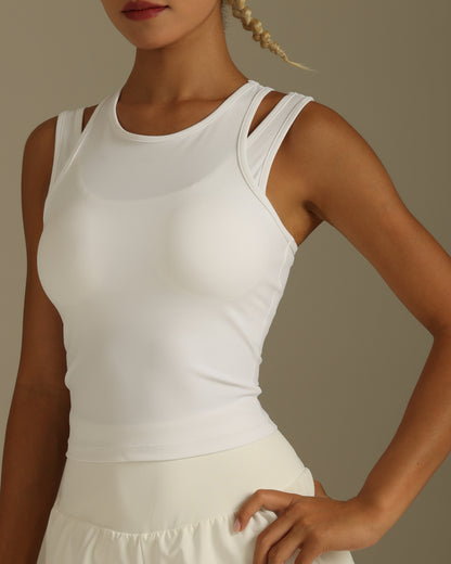 MOVING PEACH Sports Tank Top High Neck 2-in-1 Illusion Soft Pilates Yoga Top Body-skimming Fit Shockproof Removable Bra Cups Running Dance Gym Daily Wear AVD