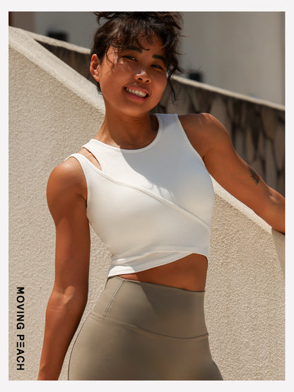 MOVING PEACH Women Sports Bra 2-in-1 illusion Slim fit Asymmetrical strap detail Crop Top Soft Fixed Bra Cups Yoga Top Fitness Dance Daily wear CBX