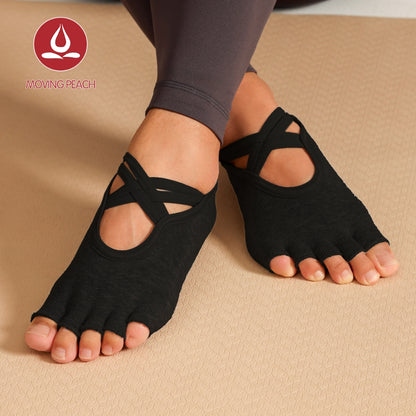 MOVING PEACH Women Sports Sock Breathable Five toe design Yoga Sock Cross Strapping Non-slip Barre Socks