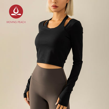 MOVING PEACH Women Halter Top Soft Yoga Sports Longsleeve Removable Cups Pilates Dance Crop Top With Thumbhole ASE