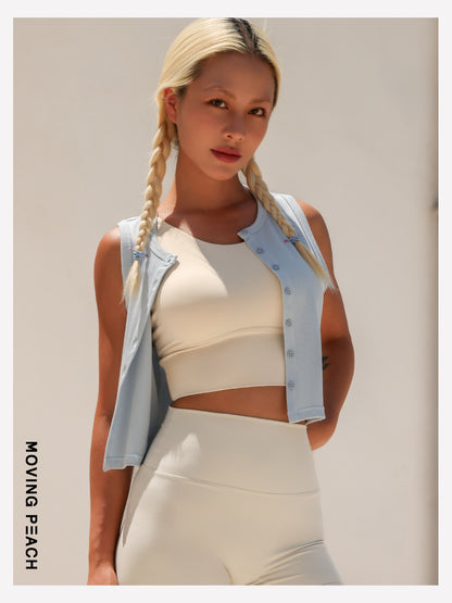 MOVING PEACH Women Sports Tank top Comfort Modal Button-front Ribbed Crop top Breathable Yoga Top Gym Running Dance Daily wear AVK
