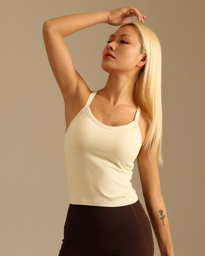 MOVING PEACH Women Sports Tank Top Cross Hollow Back Design Yoga Top Comfort Fixed Bra Cups Gym Pilates Dance Daily wear CVF