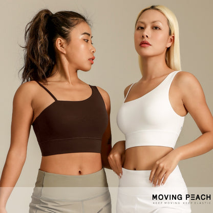MOVING PEACH Women Sports Bra Asymmetrical strap detail Yoga Top Soft Fixed Bra Cups Crop Top Gym Dance Daily wear CBJ