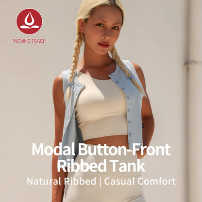 MOVING PEACH Women Sports Tank top Comfort Modal Button-front Ribbed Crop top Breathable Yoga Top Gym Running Dance Daily wear AVK