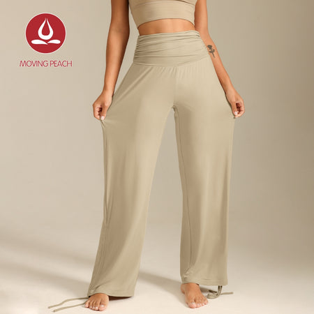 MOVING PEACH Women Loose Yoga Pants High waist Lightweight Adjustable Draped Wide-Leg Pants Quick Dry Comfort Pilates Daily wear ELF