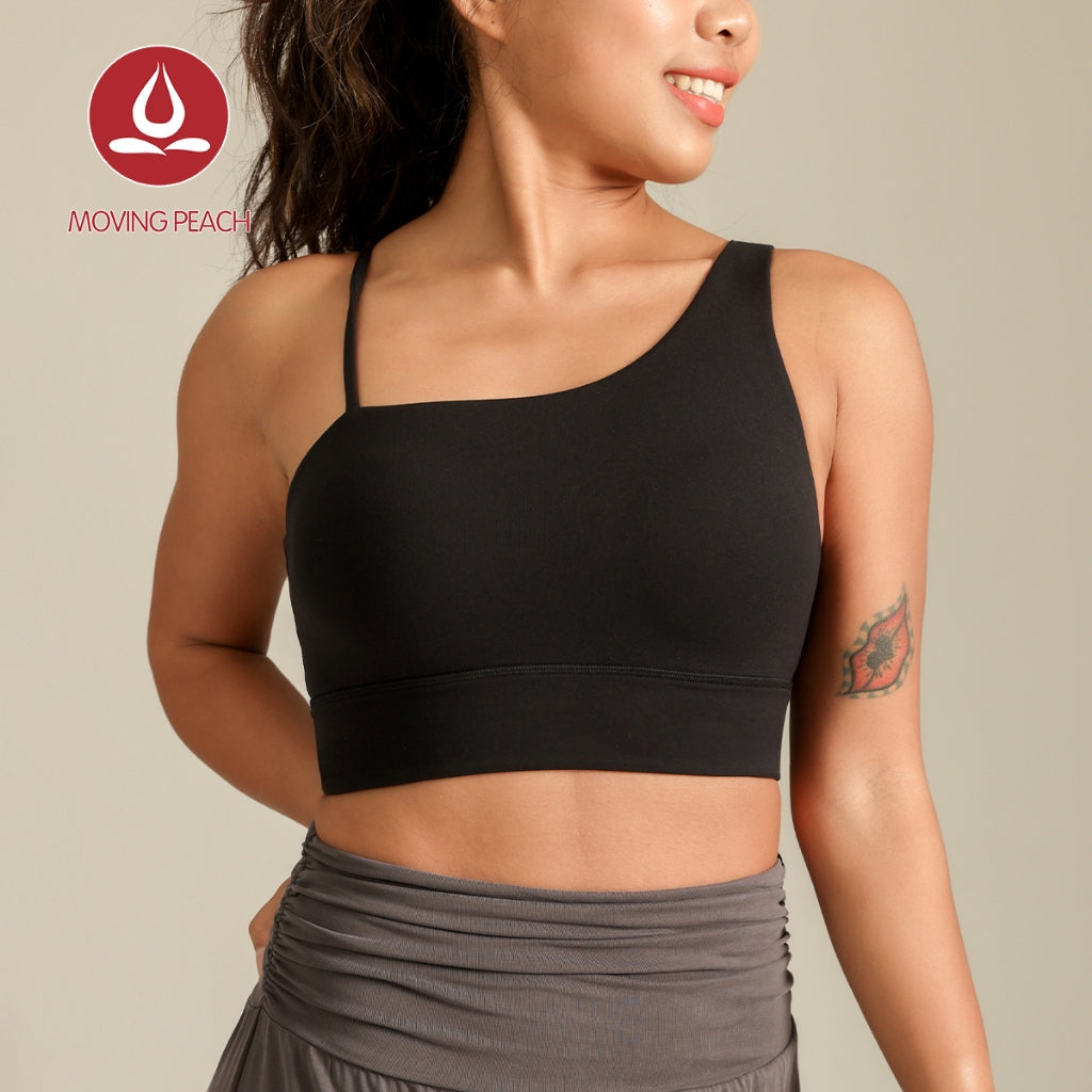 MOVING PEACH Women Sports Bra Asymmetrical strap detail Yoga Top Soft Fixed Bra Cups Crop Top Gym Dance Daily wear CBJ