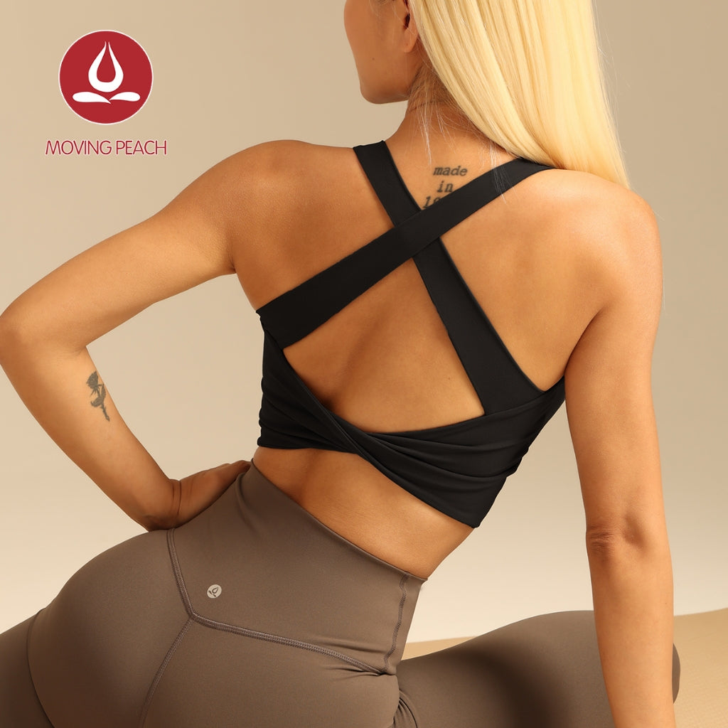 MOVING PEACH Sports Tank Top for Women Cross-aesthetic design Top Comfort Wide Shoulder Straps Yoga Crop Top Fixed Pads Pilates Fitness Dance Daily wear CVN
