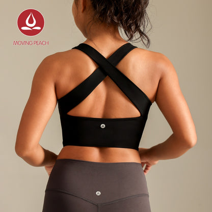 MOVING PEACH Women Sports Tank Top Wide Shoulder Straps Cross-Back Yoga Top Breathable Soft Removable Bra Cups Gym Dance Daily wear BVX2