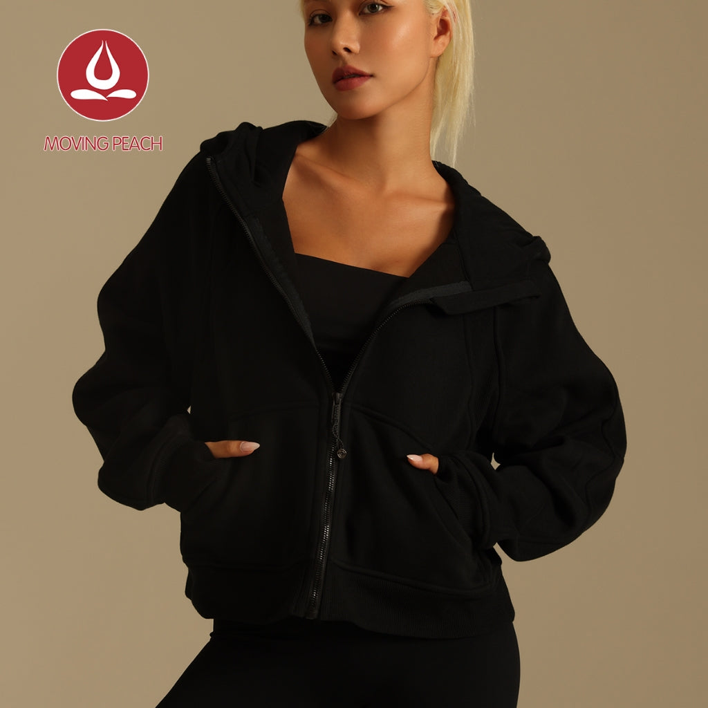 MOVING PEACH Coat for Women Oversized Full-Zip Hoodie Warm Brushed Outdoor Sports Cropped Jacket with Wind-proof Hood BSHL