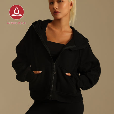 MOVING PEACH Coat for Women Oversized Full-Zip Hoodie Warm Brushed Outdoor Sports Cropped Jacket with Wind-proof Hood BSHL