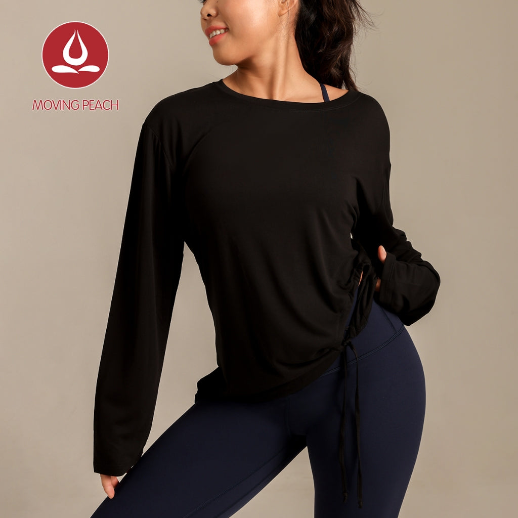 MOVING PEACH Women Yoga Longsleeve Loose Fit Drop shoulder design Sports Top with Adjustable side string Soft Gym Pilates Dance Daily wear BSC