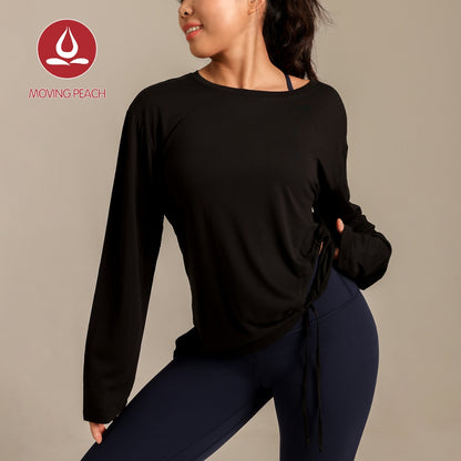 MOVING PEACH Women Yoga Longsleeve Loose Fit Drop shoulder design Sports Top with Adjustable side string Soft Gym Pilates Dance Daily wear BSC