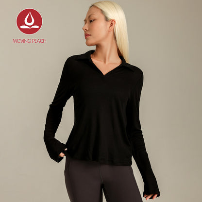 MOVING PEACH Women Sports Long-Sleeve Polo Shirt Loose Fit V-neck Open Collar Top Comfort Breathable Gym Running Dance Daily wear CSV