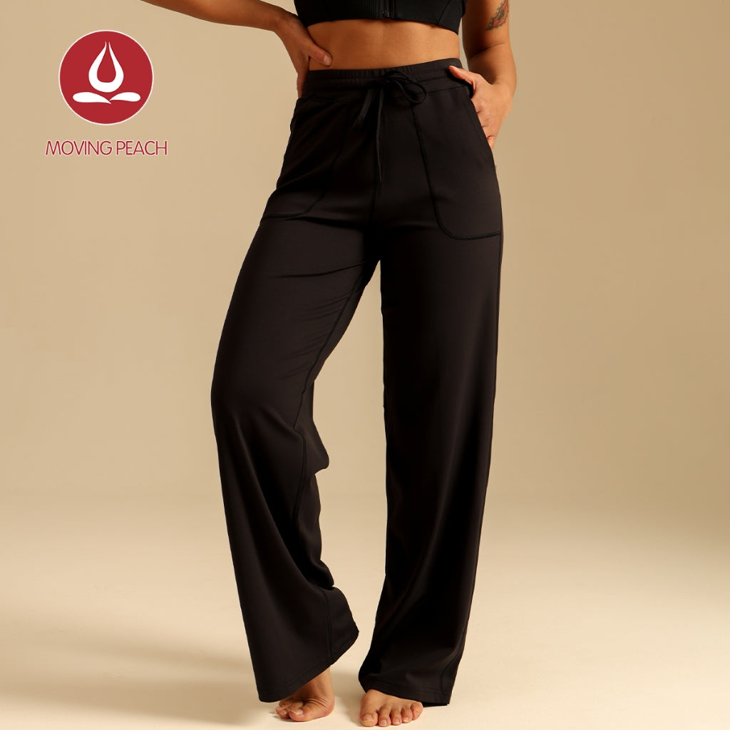 MOVING PEACH Women High-Waisted Wide-Leg Pants Antibacterial Fabric Loose Sports Pants with Adjustable Waist String Yoga Running Dance Daily Wear ELC2