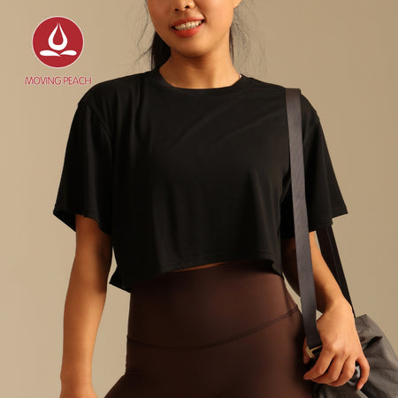 MOVING PEACH Women Sports Crop Top Relaxed Fit Breathable Running Exercise Classic Crew Neckline T-shirts Without Inner Bra ATL
