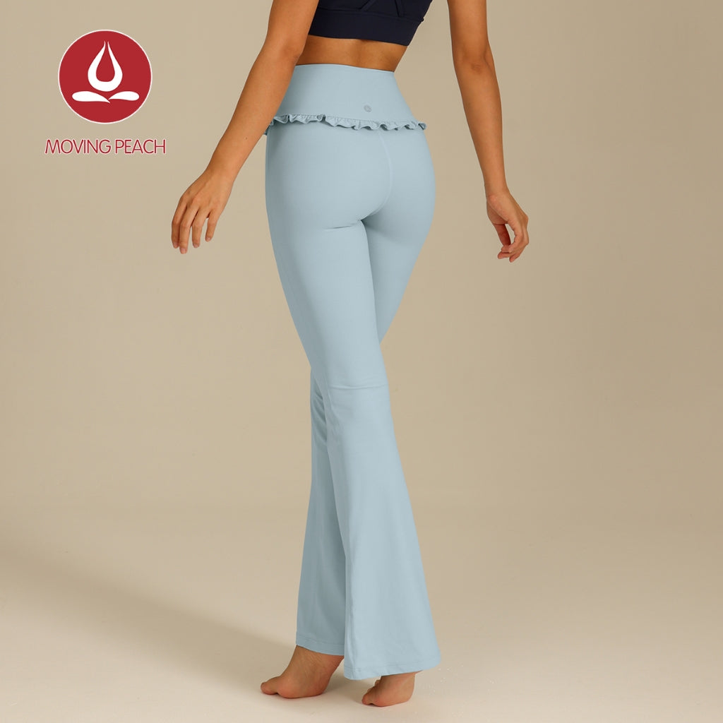 MOVING PEACH Women Flared Pants High-rise Hip-lifting Bell-bottoms with Lace Detail Comfort Yoga Pilates Dance Daily wear ALB