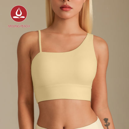 MOVING PEACH Women Sports Bra Asymmetrical strap detail Yoga Top Soft Fixed Bra Cups Crop Top Gym Dance Daily wear CBJ