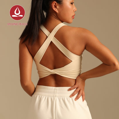 MOVING PEACH Sports Tank Top for Women Cross-aesthetic design Top Comfort Wide Shoulder Straps Yoga Crop Top Fixed Pads Pilates Fitness Dance Daily wear CVN