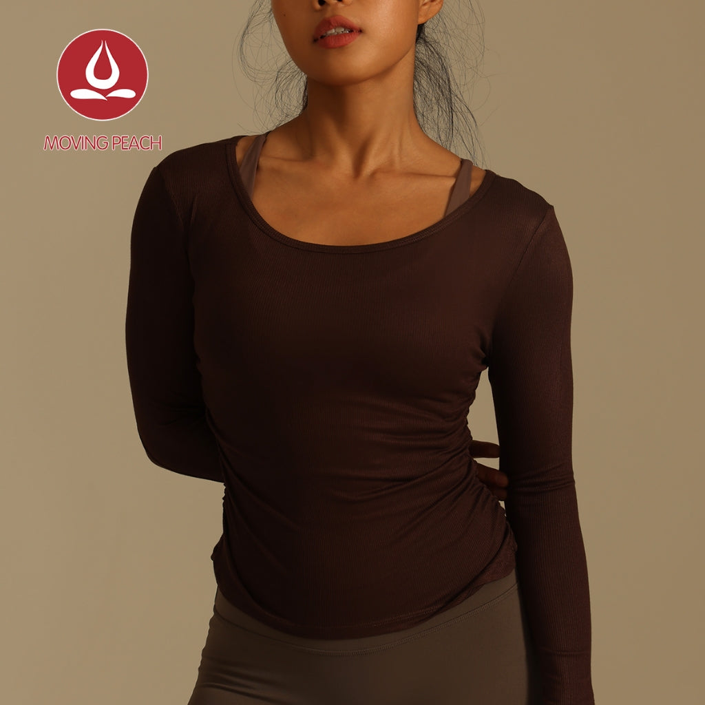 MOVING PEACH Women Modal Ribbed Long Sleeve Slim Fit Pilates Yoga Top Comfort Cinched sides Crop Top Gym Dance Running Daily wear CSS
