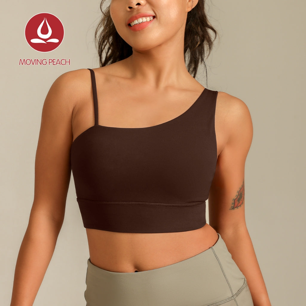 MOVING PEACH Women Sports Bra Asymmetrical strap detail Yoga Top Soft Fixed Bra Cups Crop Top Gym Dance Daily wear CBJ