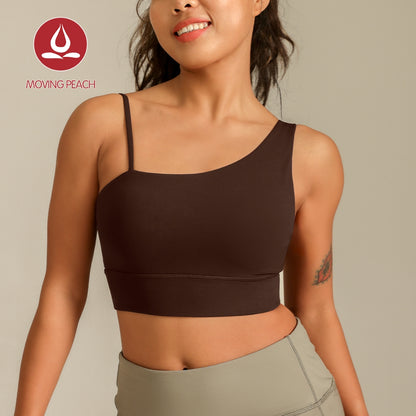 MOVING PEACH Women Sports Bra Asymmetrical strap detail Yoga Top Soft Fixed Bra Cups Crop Top Gym Dance Daily wear CBJ