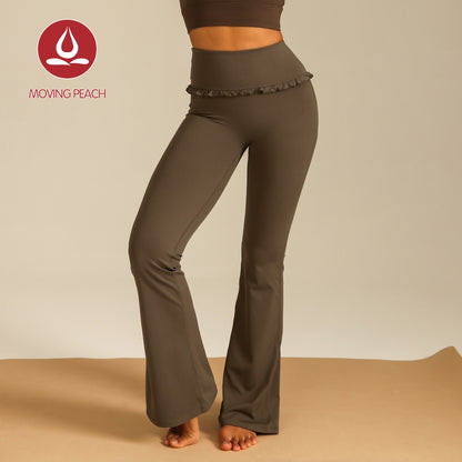 MOVING PEACH Women Flared Pants High-rise Hip-lifting Bell-bottoms with Lace Detail Comfort Yoga Pilates Dance Daily wear ALB