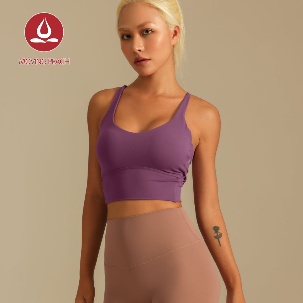 MOVING PEACH Women Sports Tank Top Breathable Yoga Top Sweetheart neckline Crisscross straps Crop Top Soft Fixed Bra Cups Gym Dance Daily wear CVX