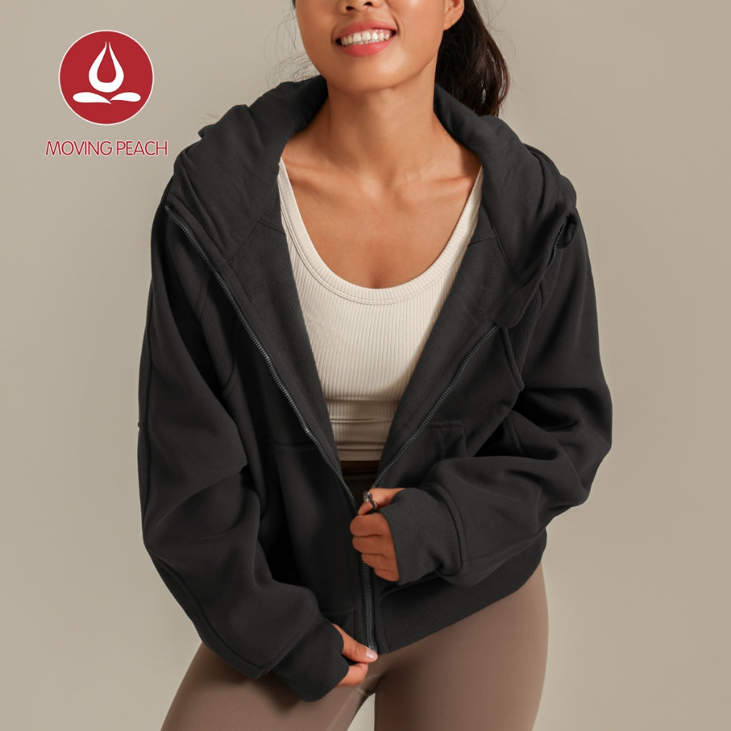 MOVING PEACH Coat for Women Oversized Full-Zip Hoodie Warm Brushed Outdoor Sports Cropped Jacket with Wind-proof Hood BSHL