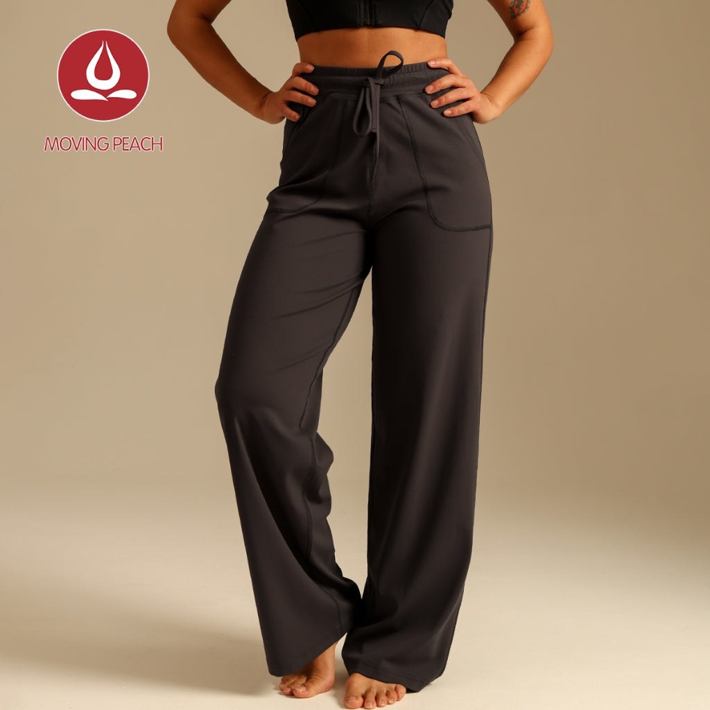 MOVING PEACH Women High-Waisted Wide-Leg Pants Antibacterial Fabric Loose Sports Pants with Adjustable Waist String Yoga Running Dance Daily Wear ELC2