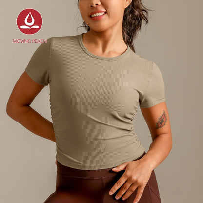 MOVING PEACH Women Sports T-shirts Slim fit Ribbed Yoga Short Sleeve Comfort Pilates Fitness Dance Daily wear BTR
