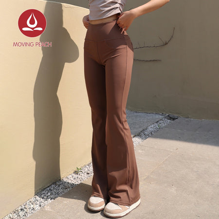 MOVING PEACH Women Flared Pants High-rise Dance Training Bell-bottoms Sports Fitness Back Pockets DLN