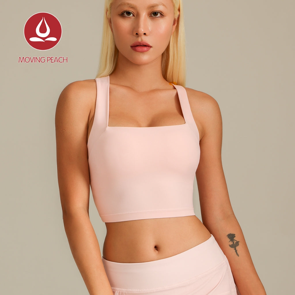 MOVING PEACH Women Sports Tank Top Wide Shoulder Straps Cross-Back Yoga Top Breathable Soft Removable Bra Cups Gym Dance Daily wear BVX2