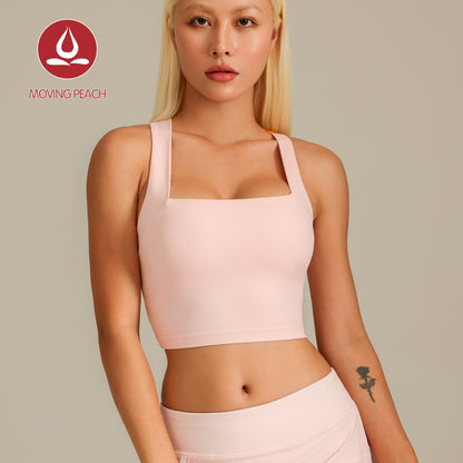 MOVING PEACH Women Sports Tank Top Wide Shoulder Straps Cross-Back Yoga Top Breathable Soft Removable Bra Cups Gym Dance Daily wear BVX2