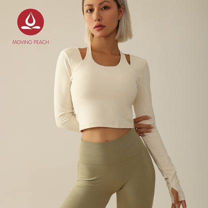 MOVING PEACH Women Halter Top Soft Yoga Sports Longsleeve Removable Cups Pilates Dance Crop Top With Thumbhole ASE