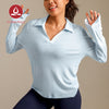 MOVING PEACH Women Sports Long-Sleeve Polo Shirt Loose Fit V-neck Open Collar Top Comfort Breathable Gym Running Dance Daily wear CSV
