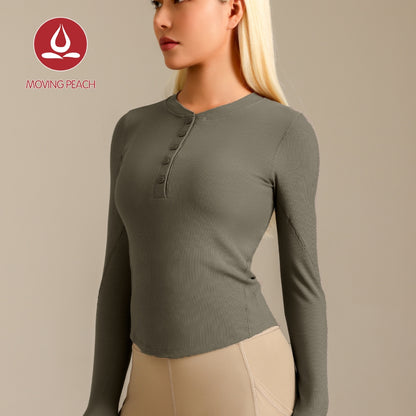 MOVING PEACH Women Yoga Top Ribbed Modal Fabric Slim Fit Pilates Top Soft Button front Sports Longsleeve Gym Running Dance Daily wear BSB