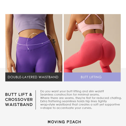 MOVING PEACH Women Seamless Yoga Leggings Butt Lifting V-shaped Waistband Design Sports Pants Squatproof Beathable Fitness Pants ALX