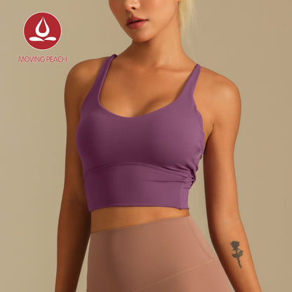 MOVING PEACH Women Sports Tank Top Breathable Yoga Top Sweetheart neckline Crisscross straps Crop Top Soft Fixed Bra Cups Gym Dance Daily wear CVX